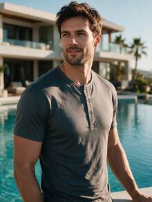 Men's Summer Solid Color Henley Neck Short Sleeve T-Shirt | Half-Button Crew Neck Slim Fit Casual Outdoor Top, Suitable For Commuting, Daily Wear, Street Style And Beach Outings - Grey - View 2