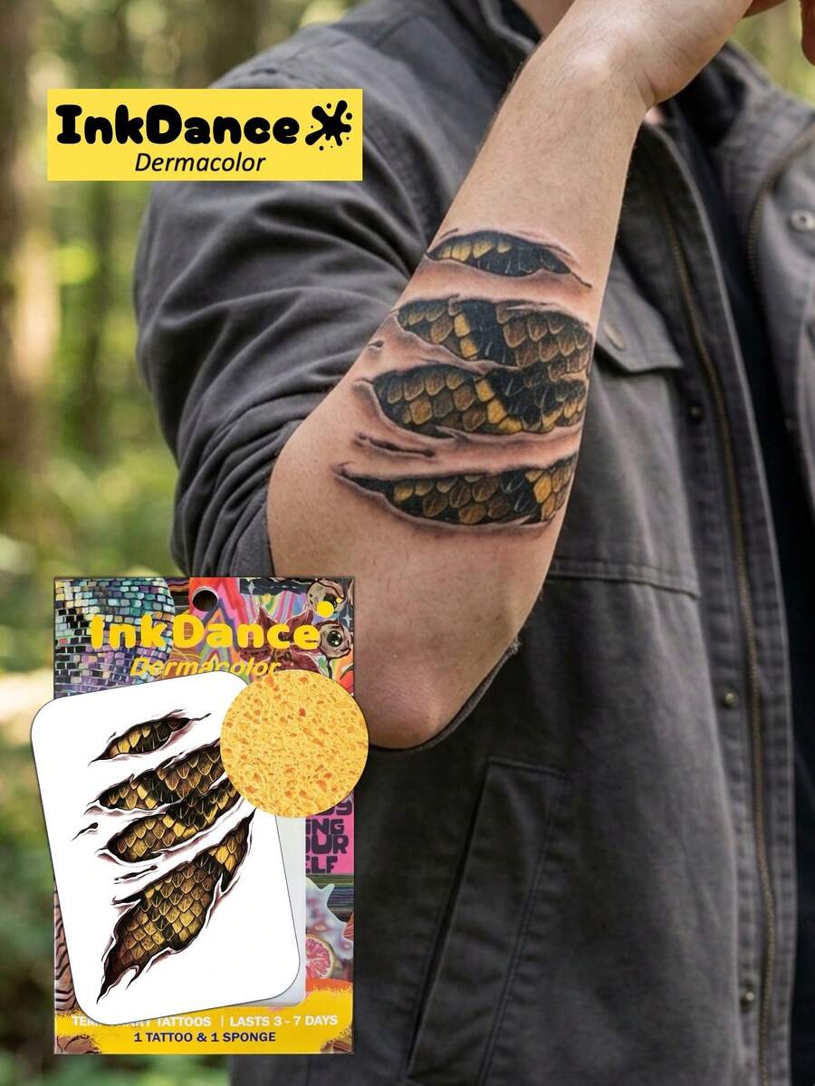 1組野蛇鱗片臨時紋身貼,恐怖傷口特效,萬聖節防水持久仿真紋身,男女適用,易貼易撕,InkDance Ink Dance CSD032 - CSD032 - 查看 1