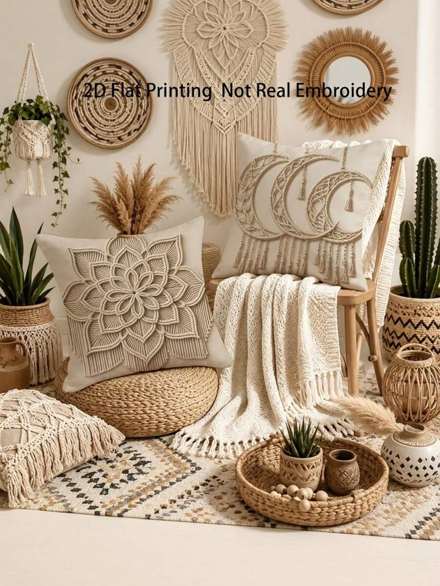 4 buah Sarung Bantal Tekstur Tenun Bohemian Datar 2D Warna Krem Beige, Cetakan Satu Sisi Artistik Dekoratif, Cocok untuk Ruang Tamu, Kamar Tidur, Sofa, Dekorasi Tempat Tidur, Isi Bantal Tidak Termasuk - Krem - View 1