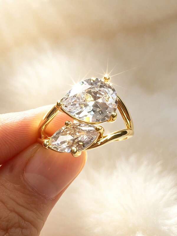 1pc 4.5ct 18K Gold Plated Luxury Diamond Ring, Vintage Marquise Water Drop Shaped Diamond Ring, Suitable For Women And Girls For Holidays, Parties, Daily Wear, Jewelry Gift