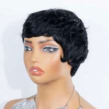 AMECIRE Straight Short Hair Wig Human Hair Wigs Pixie Cut Wig Black Wig With Bangs Fashionable Styling Elastic Mesh Cap Suitable For Everyday Wear - Natural Black - View 7