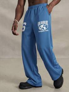 Men's Printed Casual Sweatpants, Loose Straight Leg Sports Pants, Streetwear Letter Design, Comfortable Versatile Slimming Long Pants - Blue - View 8