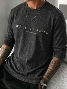 تي شيرتات رجالية 3 قطع مغسولة وممزقة بطباعة حروف WALK BY FAITH، أكمام طويلة، طبقة أساسية فضفاضة كاجوال بياقة دائرية بطراز فينتاج - متعدد الألوان - مشاهدة 2