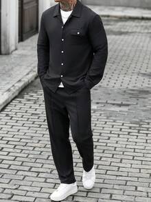 Men's Casual Solid Color Single-Breasted Long Sleeve Shirt And Pants Set - Black - View 6