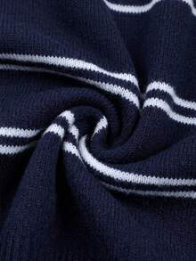 Wixra Navy White Striped Crew Neck Button Front Cropped Knit Cardigan, Casual Long Sleeve Sweater Jacket - Navy Blue - View 6