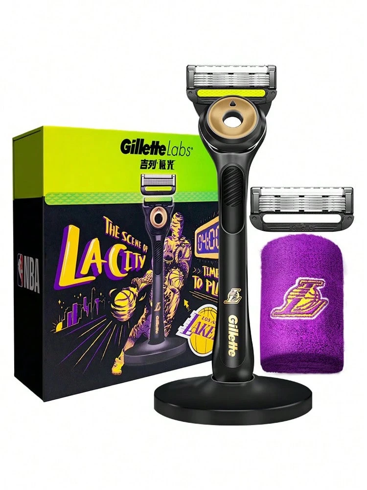 GILLETTE Labs  Co-Branded Gift Box With Exfoliating Bar By Men Razor, Shaving Kit For Men, Includes Wristband, 1 Handle, 2 Razor Blade Refills, And Premium Magnetic Stand,Gifts For Him