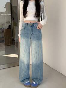 Celana Jeans Wanita Gaya Amerika Model Lebar dengan Potongan Longgar dan Pinggang Tinggi, Panjang Hingga Lantai, Desain Musim Panas - biru antik - View 6
