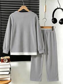 Boys' Casual Fashion Waffle Knit Crew Neck Long Sleeve Top And Straight Leg Pants Solid Color 2-Piece Set For Spring And Autumn - Grey - View 3