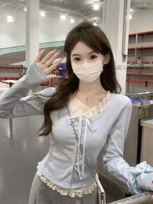 Women's Light Blue Knitted Long Sleeve Top, 2 In 1 Lace Trim, Tie Front, Round Neck Regular Fit Blouse, Cute Style Pullover - Baby Blue - View 5