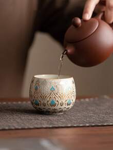 1pc/2pcs Middle Eastern Vintage Gilded Peacock Feather Ceramic Tea Cup, Luxury Palace Style Ru Yao Tea Cup, Home Guest Coffee Cup, Especially Suitable For Middle Eastern Strong Tea, Arabic Coffee - Multicolor - View 9