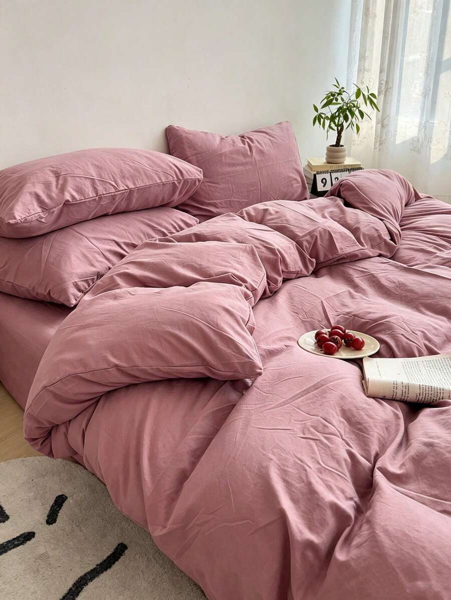 Blue & White Colorblock Washed Polyester Skin-Friendly 3 PiecesDuvet Cover Set - Watermelon Pink - View 1