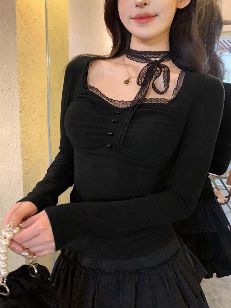 Women's Gothic Sweetheart Neck Long Sleeve Ruched Bust T-Shirt, Decorated With Contrast Lace Trim And Faux Buttons, High Elasticity Regular Length Top - Black - View 1