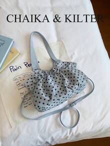CHAIKA & KILTER 1件裝拼色PU布料托特包，女款時尚單肩托特包，滿版波點圖案，雙手柄設計，拉鍊開合，肩帶裝飾，適合日常與街頭使用 - 淺藍色 - 查看 11