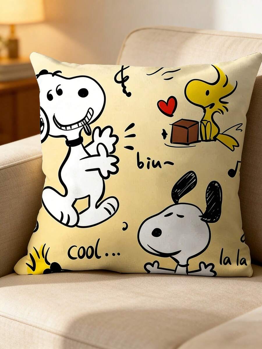 Snoopy Graffiti Print Throw Pillow Cover, Hand-Drawn Style Square Decorative Cushion Case, Soft Fabric Sofa Backrest Pillow, Home & Car Decor, Collectible Gift For Cartoon Fans - Multicolor - View 1