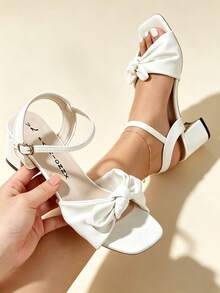 Women's Elegant White Bow Square Toe Chunky Heel Open Toe Slingback Buckle Sandals Wedding Shoes Bridesmaid Shoes Party Banquet Daily Versatile Women's Shoes - White - View 19