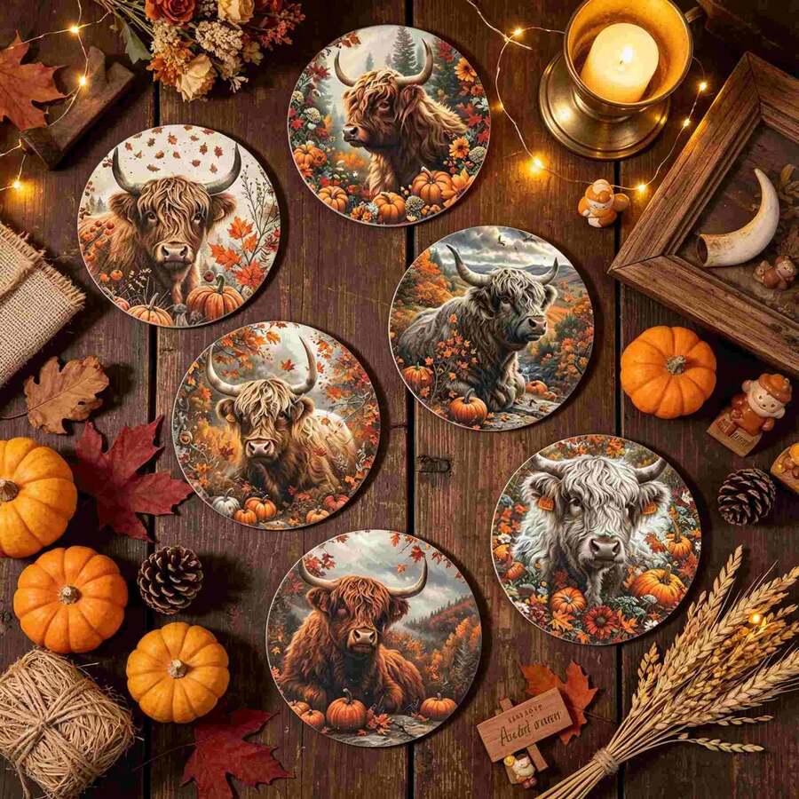 6pcs/Set Or 420pcs/70sets Autumn Series Highland Cow Pattern Printed Beverage Coasters, 10cm/2mm Thick Rubber Soft Bottom Round Absorbent Rubber Beverage Coasters, Soft Rubber Backing, Decorative Coasters, Suitable For Cups, Home Kitchen Dining Table Decor Placemats, Decorative Coasters, Kitchen Decor, Dining Table Decor - Multicolor - View 1