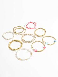 Juego de 13 pulseras elásticas con cuentas en forma de cruz y bloques de color dopamina para mujer, estilo francés suave, con perlas falsas, multicapa y apilables - Dorado - Ver 5