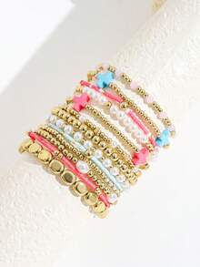 Juego de 13 pulseras elásticas con cuentas en forma de cruz y bloques de color dopamina para mujer, estilo francés suave, con perlas falsas, multicapa y apilables - Dorado - Ver 3