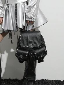 Dedoo Mochila con solapa y cordón, unicolor con ribete de remaches, bolsillos dobles, gran capacidad, mochila escolar, campus universitario, mochila diaria de estudiante estilo retro punk - Negro - Ver 4