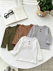 4pcs/Pack Boys Casual Fashion Solid Color Ribbed Crew Neck Long Sleeve Tops, Spring/Autumn - Multicolor - View 1