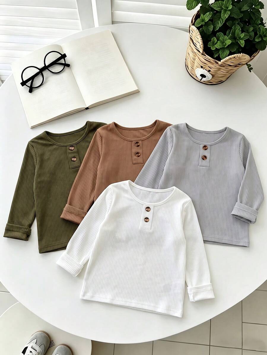 4pcs/Pack Boys Casual Fashion Solid Color Ribbed Crew Neck Long Sleeve Tops, Spring/Autumn - Multicolor - View 1