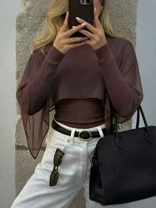 女款秋冬圓領羅紋披肩設計雪紡時尚浪漫通勤約會休閒百搭日常長袖緊身連身衣 - 棕色 - 查看 10