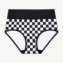 1pc Women's Mid-Waist Pure Cotton Comfortable Breathable Plaid Triangle Panties - Black - View 5
