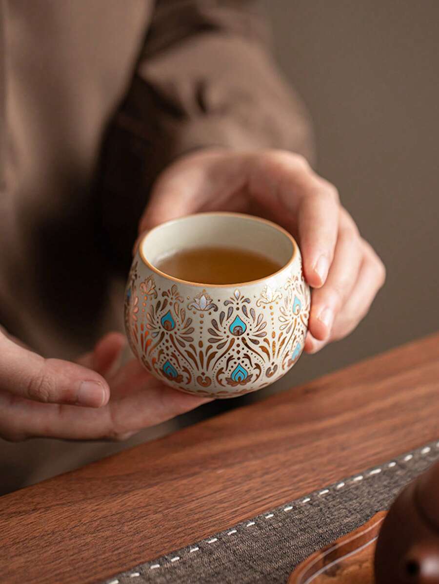 1pc/2pcs Middle Eastern Vintage Gilded Peacock Feather Ceramic Tea Cup, Luxury Palace Style Ru Yao Tea Cup, Home Guest Coffee Cup, Especially Suitable For Middle Eastern Strong Tea, Arabic Coffee - Multicolor - View 1