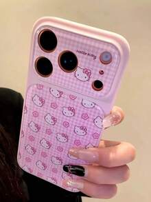 SANRIO 壓克力粉色手機殼，適用於 Apple 17 Pro Max、12/16 Pro、15、14、13 Pro，全包覆可愛粉色格紋貓咪設計，防摔保護殼 - 粉色 - 查看 3