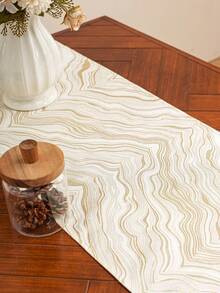 1pc Creamy Style Marble Texture Table Runner, Premium Beige Tassel Dining Table Cloth, Bed Runner For Home Decor - Beige - View 6