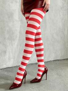 Halloween Horror Season Cosplay Essential Red & White Striped Opaque Tights Halloween Costume Leggings - Multicolor - View 3