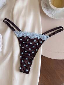 Polka Dot Bra Set, Lace Bow Thong, Cute Sexy Lingerie 2-Piece Set - Brown - View 9