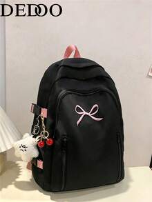 Dedoo Zipper Backpack, Bow Embroidery, Cherry Charm, Large Capacity, Student School Bag, College Campus, Sweet Korean Style Back To School Student Backpack - Black - View 8