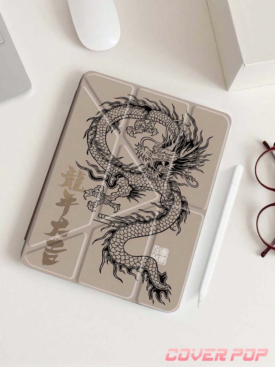棕色龍圖騰平板保護殼，兼容 iPad Air 11 吋 M3 2025/M2 2024、Air 第 5 代 2022、Air 8 2026 (11/13 吋)、(A16) 11 吋第 11 代 2025、Galaxy Tab、Kindle Paperwhite 第 12 代 2024，透明背蓋時尚圖案保護殼，自動休眠/喚醒功能，氣墊防摔保護，適合禮品與辦公使用