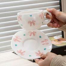 Cangkir dan Tatakan Kopi Keramik Motif Bunga Merah Muda, Mug Lukis Tangan, Cangkir Keramik Bergaya untuk Rumah, Sarapan, Susu, Hadiah Natal - Cangkir dan piring pita merah muda - View 6