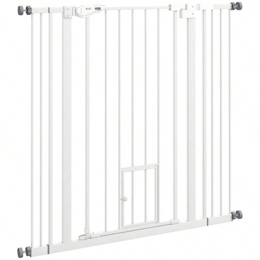 Barrera para Perros, Doble Cierre, Puerta de Cierre Automático, 104 cm de Altura, Acero, Negro - Blanco + Plástico - Ver 1
