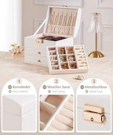 Small Jewelry Box With Lock, 3-Tier Organizer, Removable Tray And Dividers, Ideal For Earrings, Rings, Necklaces, Birthday Gift - White - View 3