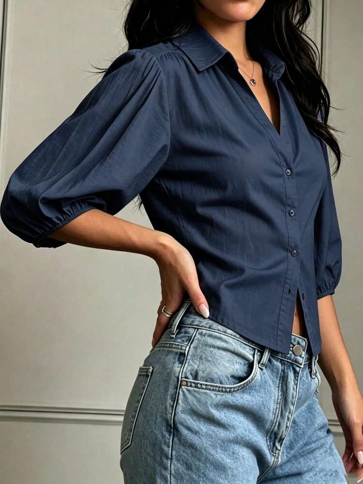Women's Fashion Navy Blue Button-Up Shirt, 3/4 Sleeve, Shirt Collar, Perfect For Casual Autumn Wear - Navy Blue - View 3