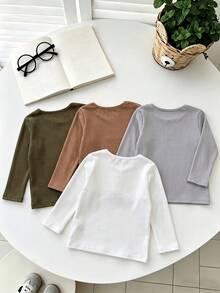 4pcs/Pack Boys Casual Fashion Solid Color Ribbed Crew Neck Long Sleeve Tops, Spring/Autumn - Multicolor - View 2