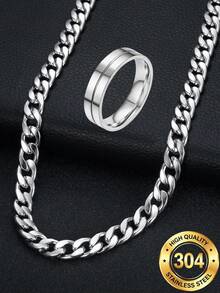 MONALLY 不鏽鋼鏈嘻哈風項鍊與戒指套組，男士生日/週年紀念經典日常佩戴，不氧化低過敏完美禮物 - 戒指+項鍊 - 查看 7