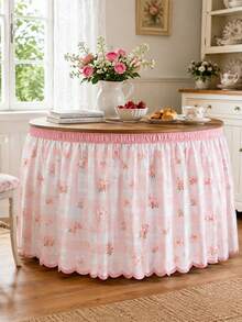 1pc Pink Plaid Print Lace Table Skirt, Fresh Polyester Rectangular Dining Table Apron, Perfect Pleated Tablecloth, Suitable For Camping, Autumn Decor And Party Decoration - Multicolor - View 6