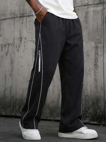 Men's Black Wide Leg Pants With Double White Side Stripes, Zipper Detail Pockets, Drawstring, Loose Lightweight Streetwear Long Pants - Black - View 3