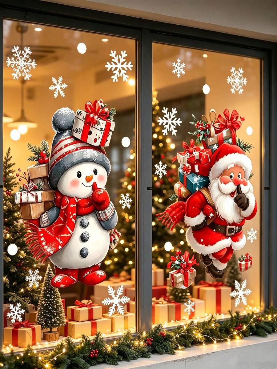 36pcs/2sets Christmas Window Stickers, Fun Santa Claus & Snowman Snowflake Window Decals, Window Home Decor, Party Holiday Gift, Christmas Party, Reusable Indoor Home Christmas Winter Party Decoration - Multiple Styles - View 1