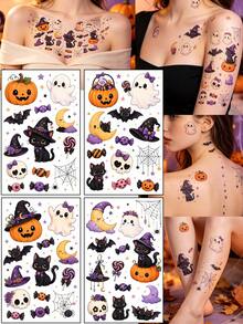 4PCS Halloween Large Edition Cute & Adorable Tattoo Stickers, Low-Terror Funny Edition: Ghosts, Bats, Spiders, Candies, Black Cats, Etc. Waterproof & Long-Lasting, Perfect Halloween Gift For Friends - Multicolor - View 1