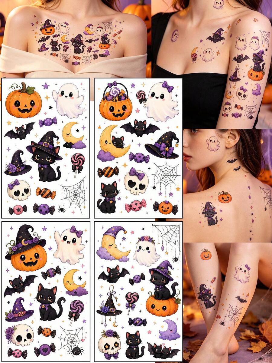 4PCS Halloween Large Edition Cute & Adorable Tattoo Stickers, Low-Terror Funny Edition: Ghosts, Bats, Spiders, Candies, Black Cats, Etc. Waterproof & Long-Lasting, Perfect Halloween Gift For Friends - Multicolor - View 1
