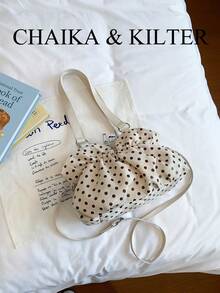 CHAIKA & KILTER 1件裝拼色PU布料托特包，女款時尚單肩托特包，滿版波點圖案，雙手柄設計，拉鍊開合，飾帶裝飾，適合日常與街頭使用 - 白色 - 查看 10
