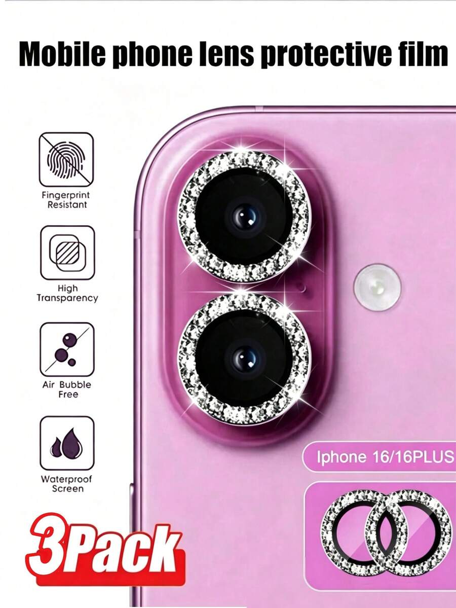 CASECOPS 3pcs Camera Lens Protector Film Compatible With 17/17 Pro/17 Pro Max/17 Air/16 Pro/16 Pro Max, Glossy Personalized Metal, 9H Hardness Anti-Scratch Protection Film, Fashionable Phone Accessory, Suitable For Phone Case - Rose Red - View 1