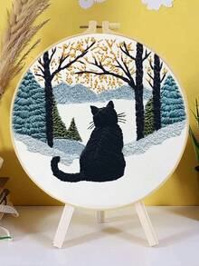 1PC 20*20cm/7.9*7.9in,The Cat In The Forest Embroidery Kit, DIY Handmade Embroidery Set For Adult Beginners, Home Gift, Women's Sewing Gift, Including User Manual, Printed Pattern Fabric, Embroidery Frame, Needle And Thread. - Forest Cat - View 16