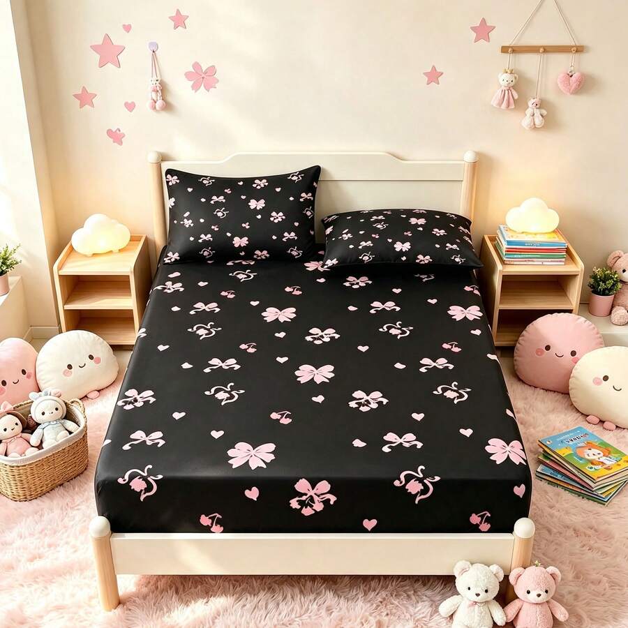 3pcs Sweet Cool Style Black & Pink Bow Pattern Printed Bedding Set (1 Fitted Sheet + 2 Pillowcases, Pillow Inserts Not Included), 90g Soft Polyester Fiber Breathable Mattress Protector, Quick-Dry, Fade-Resistant, High Elasticity, Non-Slip, Machine Washable, Suitable For Apartment, Dorm, Home Bedroom Decor - Multicolor - View 1