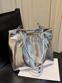 時尚小眾亮銀色 PU 布料女款托特包，高端極簡大容量收納肩背包/通勤包 - 銀色 - 查看 3